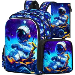 3PCS Astronaut Backpack Set for Boys, Kids Bookbag With Lunch Box 4-10