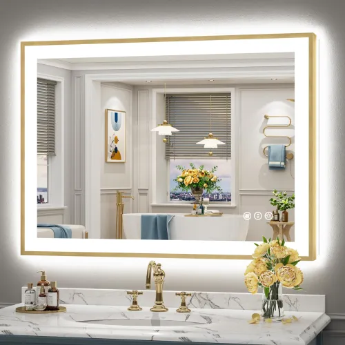 Image of 44x32 Gold LED Bathroom Mirror with Lights, Lighted Vanity Mirror