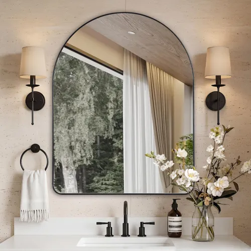 Image of Arched Mirror, 28 x 36 Inch Black Wall Mirror in Stainless Steel Metal Frame