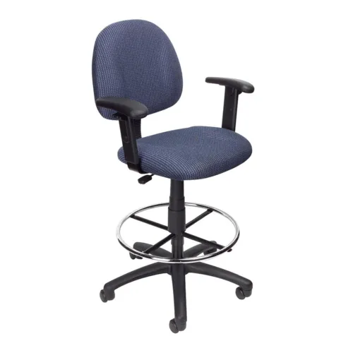 Image of Benzara Jea Drafting Stool Chair, Adjustable Arms, Blue Tweed, Round Footring