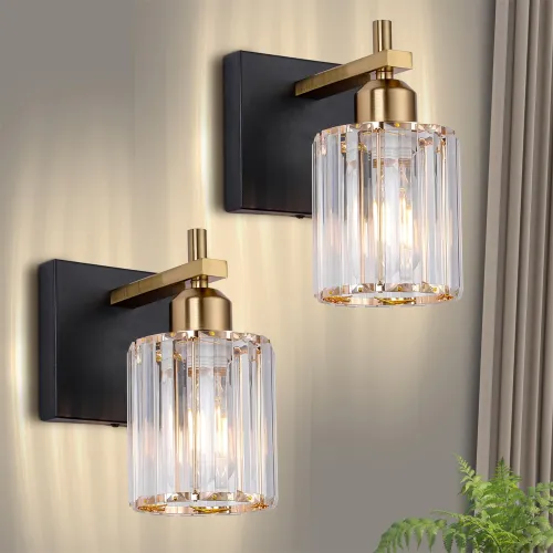 Image of Black Gold Wall Sconces Set of 2: Modern Vanity Lights with Crystal Glass Shade