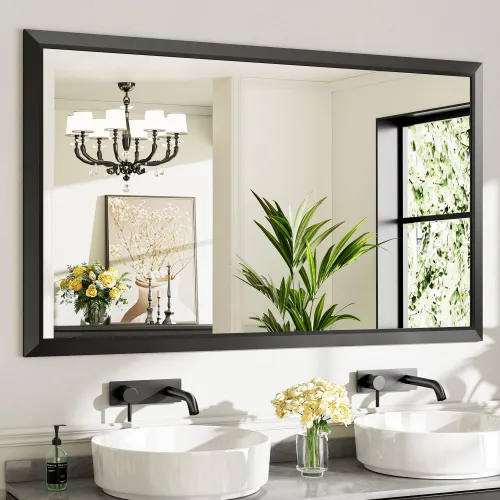 Image of Black Metal Framed Bathroom Wall Mirror, 60x36 Inch