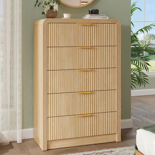 Image of Decofy Fluted 5 Drawers Dresser, 48" Tall Chest of Drawers