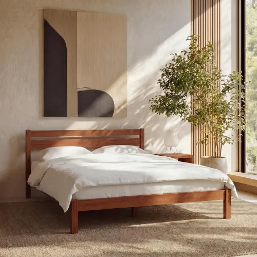 Image of Full Bed Frame with Headboard Classic Wood Platform, Noise Free