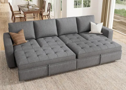 Image of HONBAY Linen Modular Sectional Sleeper Sofa with Pull Out Bed, Grey