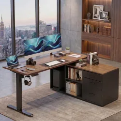 HUANUO 55″ L Shaped Standing Desk with Storage, Black Walnut