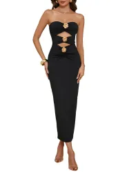 Milumia Womens Metal Cut Out Strapless Tube Top Dress Bodycon Maxi Dresses