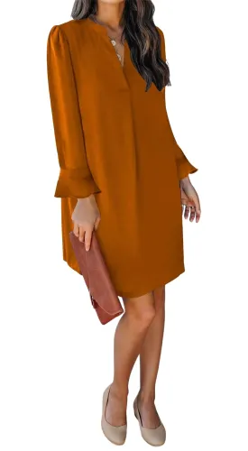 Image of QACOHU Women's Fall Long Ruffle Sleeve V Neck Shift Dresses
