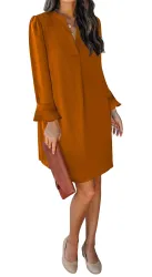 QACOHU Womens Fall Long Ruffle Sleeve V Neck Shift Dresses