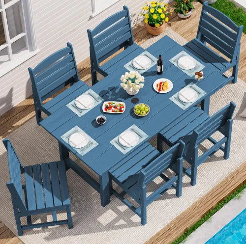 Image of SERWALL Armless Outdoor Dining Set, Patio Dining Set for 6, Blue