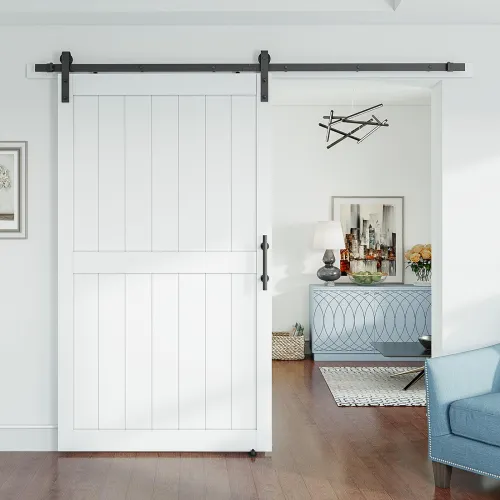 Image of SMARTSTANDARD 48" x 80" White Sliding Barn Door with 8FT Black Hardware