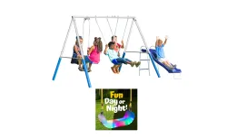 Swing, Slide and Glide - 5 User Metal Swing Set with Add-On Firefly LED Swing
