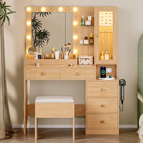 Image of Vanity Desk with Mirror and Lights & LED Glass Cabinet, Oak