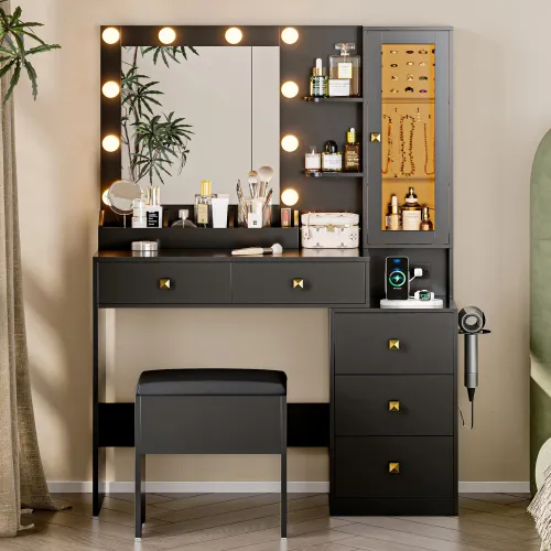 Image of Vanity Desk with Mirror and Lights, Black Makeup Vanity with 5 Drawers Hidden