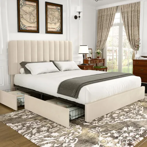 Image of VECELO King Size Upholstered Bed Frame with 4 Drawers and Headboard