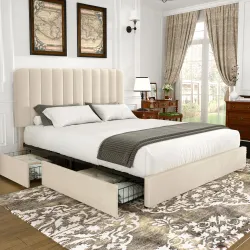 VECELO King Size Upholstered Bed Frame with 4 Drawers and Headboard