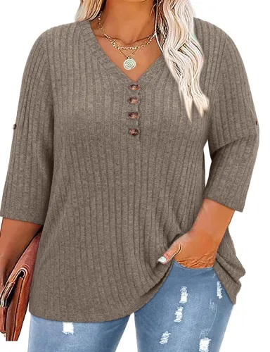 Image of Women Plus Size V Neck 3/4 Roll Sleeve Sweater Casual Knit Tops Solid Color